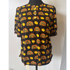 Modcloth Winning Them Over Pumpkin Rainbow Fall Halloween Black Top Women S NWT